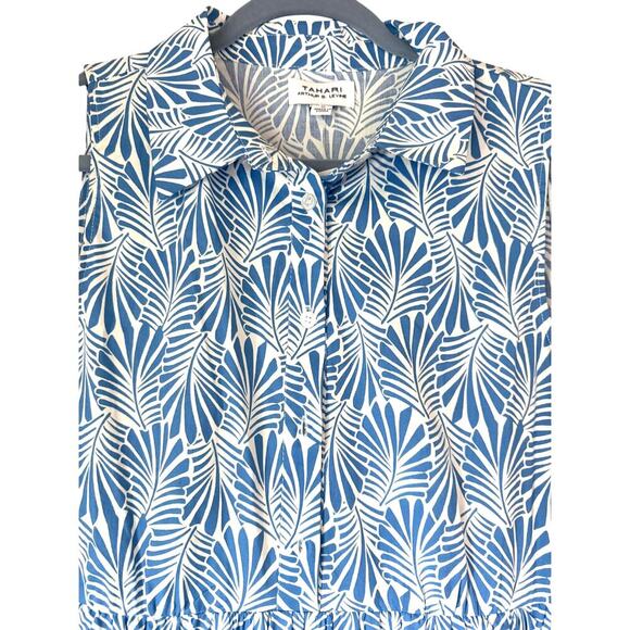 Tahari by ASL Ivory Chambray Blue Palm Leaf Print Sleeveless Shift Dress  M NWT - Picture 2 of 3